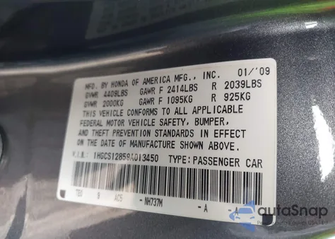 2009 Honda Accord 2.4 Ex-L z USA, uszkodzony, nr VIN 1HGCS12859A013450